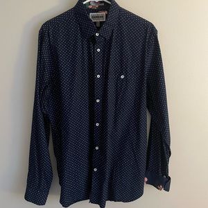 Express L dress shirt, navy blue with pink dots, floral lining inside.